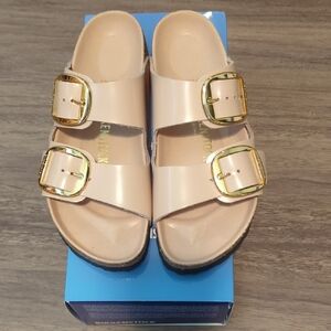 BNIB Sz 38 Staud X Birkenstock Beige High Shine Arizona Sandals